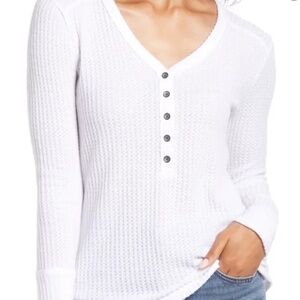 Caslon High Cuff Henley White V-Neck Top